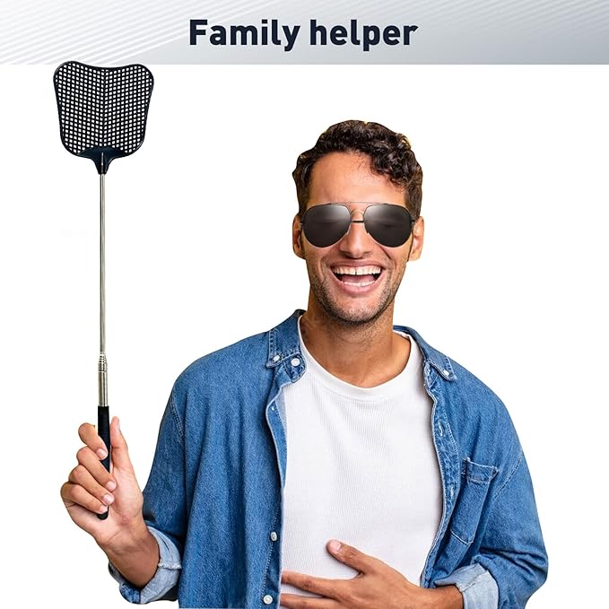 Fly Swatter, Flexible and Durable Telescopic Stainless Steel Retractable Handle ，Manual Fly swatters for Home,Garden,Classroom and Office (2Pcs Black& Blue)