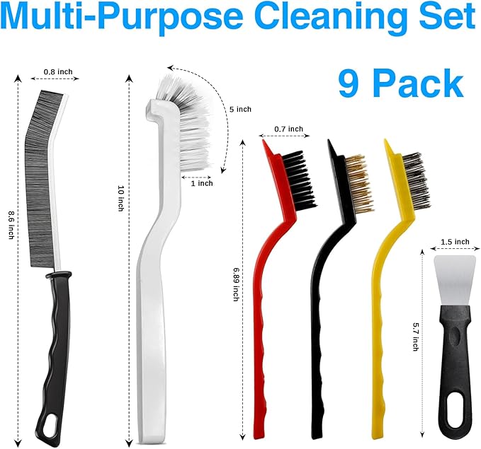 Multi-Purpose Hard Bristle Brush Set, Crevice Cleaning Brush Kit for Deep Cleaning Kitchen, Bathroom, Grout, Sink, Cup, Teapot, Bottle, Blender, Corners, Tight Spaces, 9 Pack