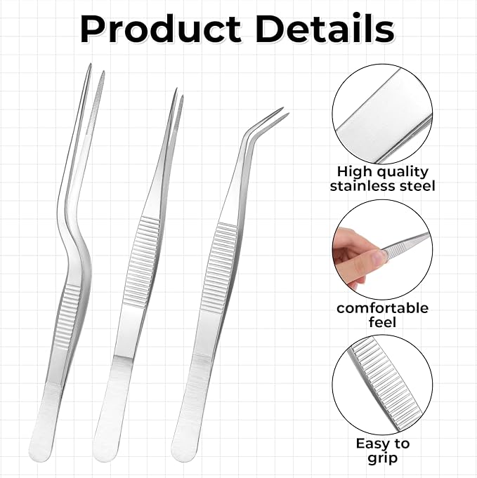 Garden Tweezers, 3 Pcs Stainless Steel Plant Tweezer Set Straight and Curved Precision Tweezers Multipurpose Bonsai Tools for Garden, Kitchen, Indoors and Outdoors (6.22Inch / 6.33Inch / 6.4Inch)