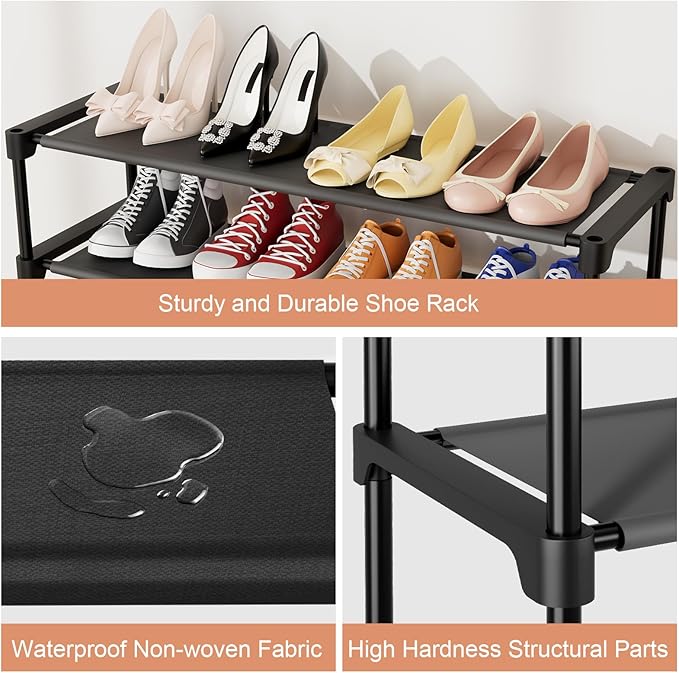 32.3" Widening Design Shoe Rack for Closet 16 Pairs Small Spaces Non-Woven 3 Tier Shoe Organizer Stackable Metal Shoe Shelf for Entryway, Bedroom