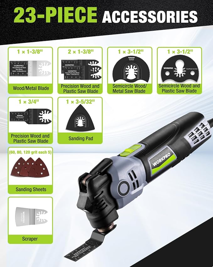 WORKPRO 400W Oscillating Multi-Tool, 6-Speed Corded Power Saw with LED Light, Quick Blade Change, 3.5° Oscillation Angle, 22 Accessories for Cutting, Sanding, Scraping