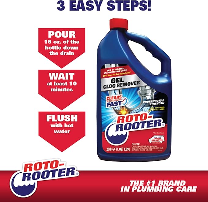 Roto-Rooter Gel Clog Remover Drain Cleaner, Thick Gel Helps Clear Slow Drains and Break Down Hair, Grease and Soap Buildup, Suitable for Pipes, Toilets, Showers and Sinks, 80 oz