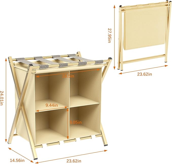 aboxoo Luggage Rack with storage, Guest Room Folding Suitcase Stands, Holds up to 120 lb, Space Saving Suitcase Holders for guest room, Bedroom Hotel, Gold