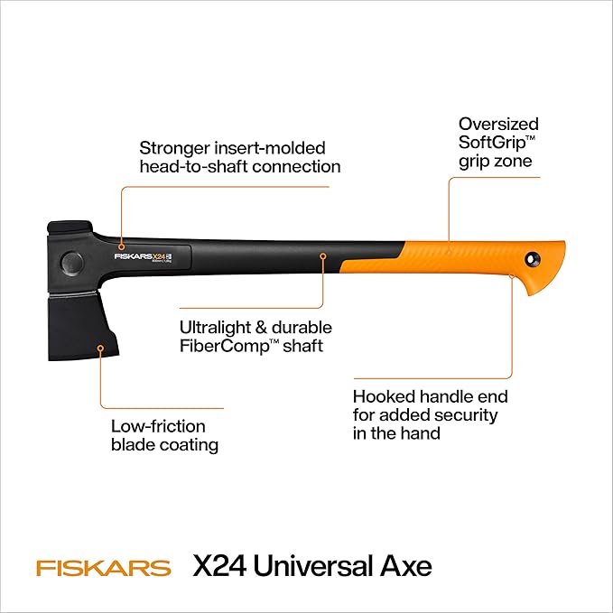 Fiskars X24 Universal Axe 24", Forged Steel Blade for Felling Trees & All-Purpose Chopping, Shock-Absorbing FiberComp Handle & Low-Friction Coating for Clean Cuts in Fresh Resinous Wood