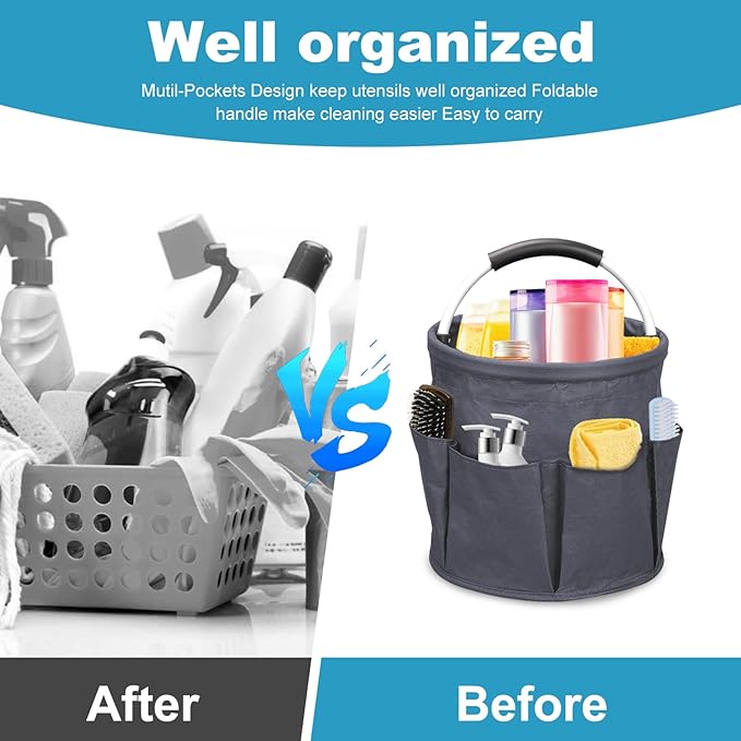 Qivine 17L Cleaning Caddy with Handle, Cleaning Supply Caddy, Foldable Tool Bag Cleaning Products Organizer, Portable Cleaning Bucket Caddy for Cleaning Supplies (Dark Gray)