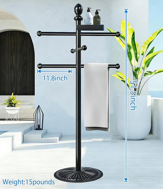 Pool Outdoor Towel Rack, 6 Bars with Top Tray Metal Heavy Duty Pool Accessories with Heavy Metal Base, Hot Tub Accessories Towel Dying Rack Towel Stand for Pool, Hot Tub etc