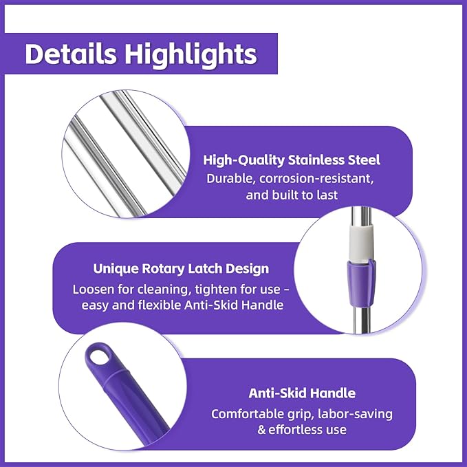 Spin Mop Replacement Handle, 47.6-inch 360 Degrees Rotating Telescopic Replacement Mop Stick with Robust Reinforced Plastic Disc for Spin Mop Bucket Cleaning System (Plastic Disc,Purple)