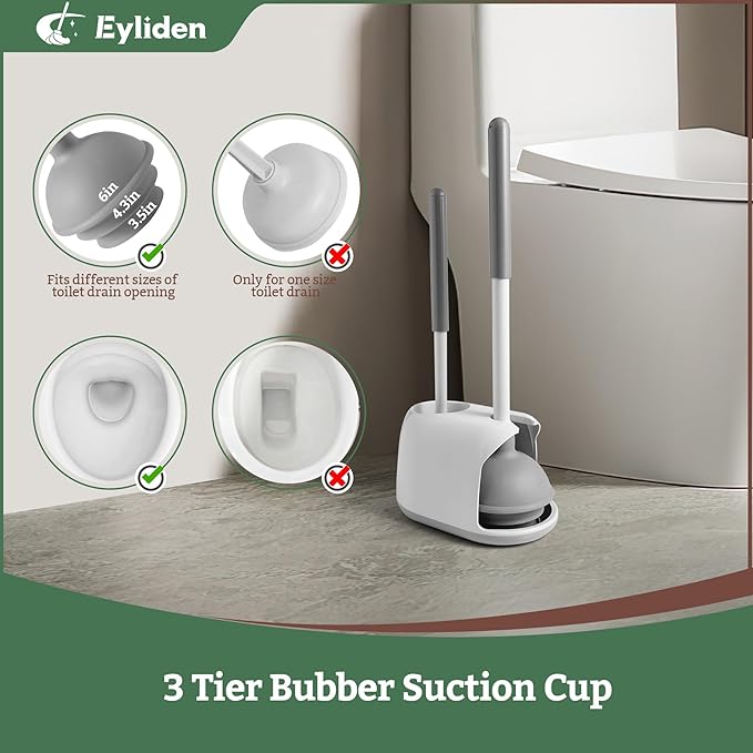 Eyliden Toilet Plunger & Brush Set, Upgrade 3-Step Suction Cup - Ultra-Tight Seal, Durable, Space-Saving Toilet Deep Cleaning Combo with Holder, Bathroom Essentials, White & Grey, Nylon Bristles