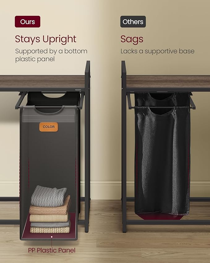 VASAGLE Laundry Hamper, Laundry Sorter Rolling Cart with Shelves, Small Side Pockets, 6 Labels, 2 Compartments, 26.4 Gal. (100 L), Ink Black and Ash Brown UBLH222BH01