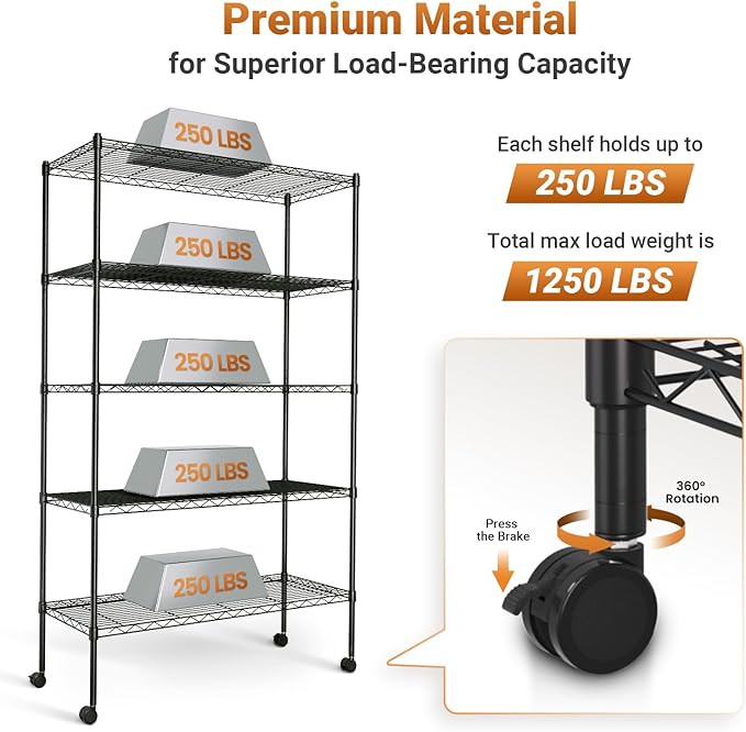Simple Deluxe Heavy Duty 5-Tier Storage Shelving Unit, 35.83" W x 13.98" D x 61.02" H, 1250 Lbs Loading Capacity, Black