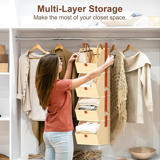 MSJGA 4-Tier Hanging Closet Organizer and Storage with Detachable Bins, Fabric Hanging Shelves for Closet, Dorm, Rv, Space-Saving Collapsible Basket for Handbags, Clothes (47” H)