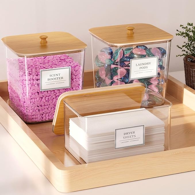 HomePekite Laundry Pods Storage Container, Clear Laundry Room Organization and Storage,Detergent Powder Container,with Wooden Lids & Labels, 3+1 Pack