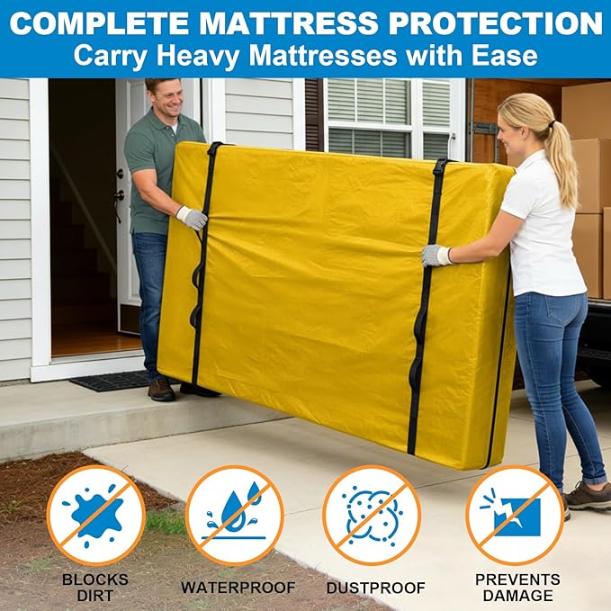 TICONN Mattress Bags for Moving, Heavy Duty Queen Mattress Cover Storage Bag with Full-Around Handle and Adjustable Buckles (Yellow, Queen)