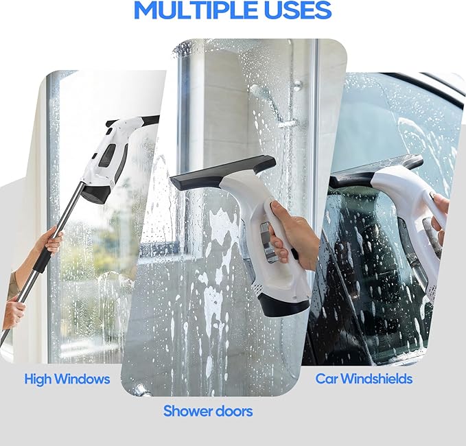 Cordless Window Vacuum Squeegee with Extension Pole Electric Window Cleaner Tool 11 inchs Electric Window Vacuum Shower Squeegee for Shower Door, High Window, Tile and Car Windshield