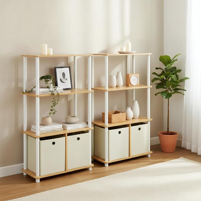 Furinno Go Green 4-Tier Multipurpose Storage Rack Shelving Unit with Bins (Set of 2), Beech