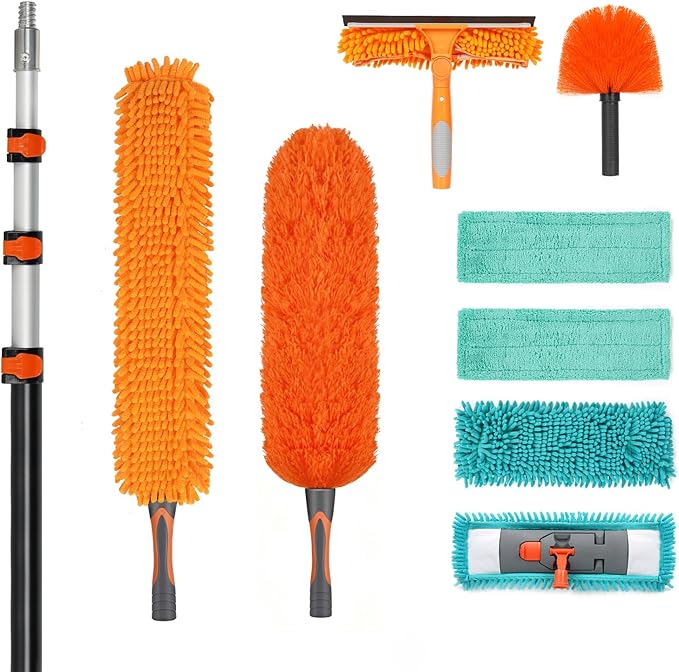 20ft High Ceiling Duster Kit with 4-12ft Heavy-Duty Extension Pole, Cobweb Duster, Ceiling Fan Duster, Window Squeegee & Cleaner, Microfiber Duster, Wall Mop for Home High Reach Cleaning