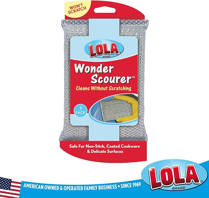 LOLA Wonder Non-Scratch Scouring Pad, 6 Pack, Large Knitted Flat Wire Cloth Fibers w/Foam Sponge Core, Assorted Colors (Gold or Silver)