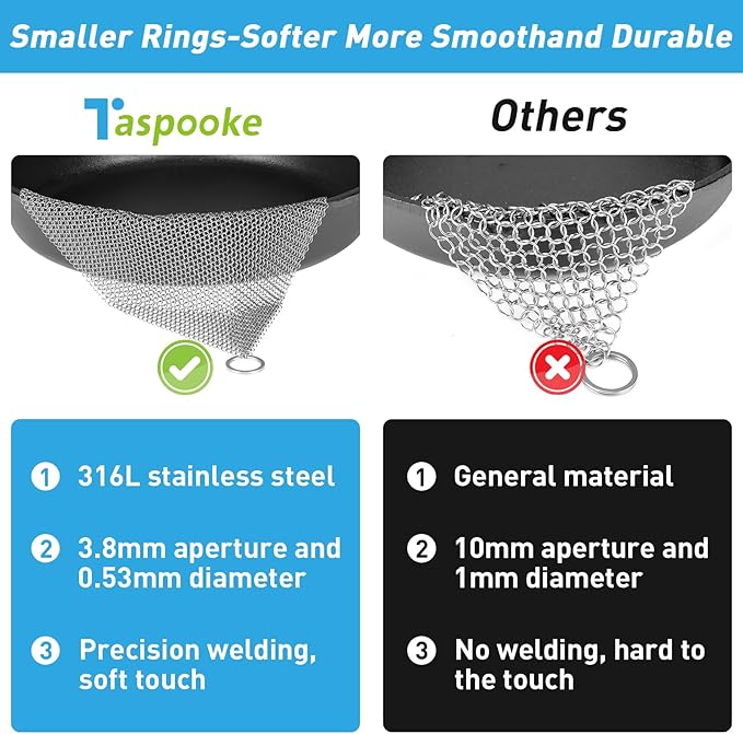 Cast Iron Cleaner & Chainmail Skillet Scrubber - 28''x28'' 3.8mm Small Ring, 316L Stainless Steel Interlocking Mesh Sheet, Flexible Chainmail Panel, Fine Linked Ring Fabric, Woven Ring Net
