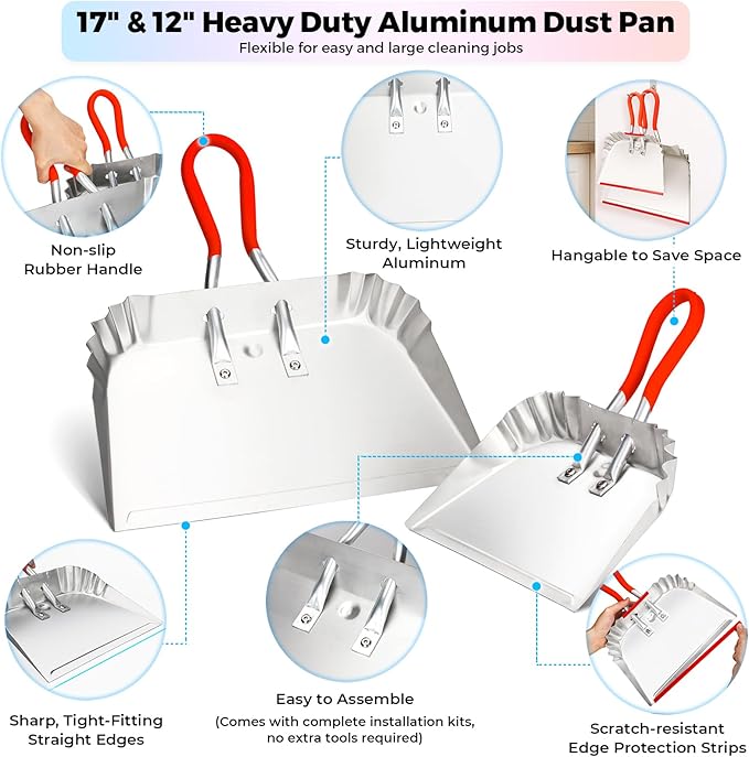2 Pack Metal Dust Pan 17" and 12", Aluminum Heavy Duty Dust Pans with Non-Slip Rubber Handle, Large and Small Dustpan Set, Lightweight for Sweeping, Garage, Leaf, Household & Outdoor Cleaning