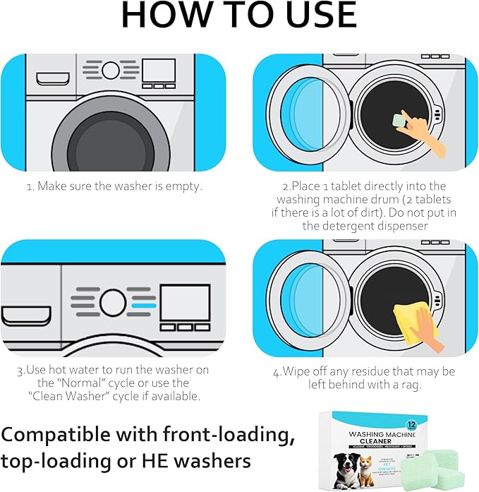 Washer Machine Cleaner Tablets-36Pack-18 Month Supply,Formulated for Pet Owners Washing Machine Cleaner,Compatible with HE,Easily pet hair remover for laundry.Top & Front Load Washer.Septic Safe.