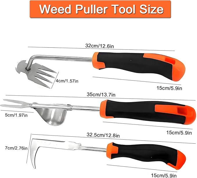 Weed Puller Tool, 3 Pack Hand Weeder Tool, Stainless Steel Dandelion Remover for Lawn Care, 4 Teeth Manual Crack Weeder, L-Shaped Weeding Tool with Ergonomic Handle for Garden, Flower Beds, Patio