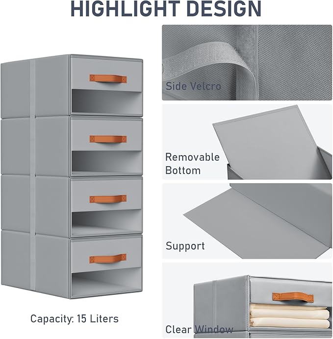 DIMJ Closet Organizers and Storage - Fabric Bins with Drawers for Closet Foldable Clothes Organizers with Clear Window, Stackable Storage Drawers Units for Bedroom, Living Room, Medium 6-Pack, Grey