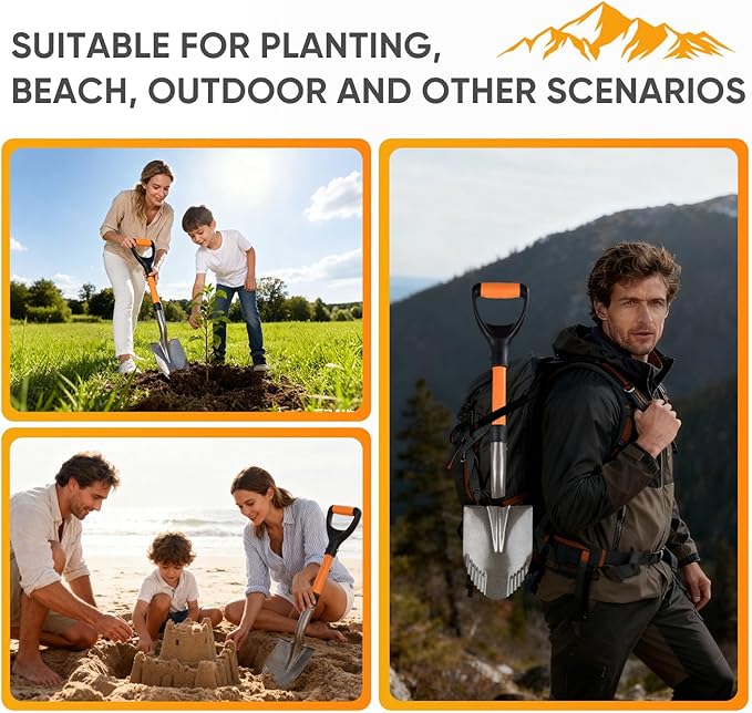 28 inches，Small Shovel Garden Shovel for Digging with Trenching Blade and D-Handle,Short Handled Round Shovel Survival Shovel for Car， Perfect for Digging Soil, Dirt, and Gravel.