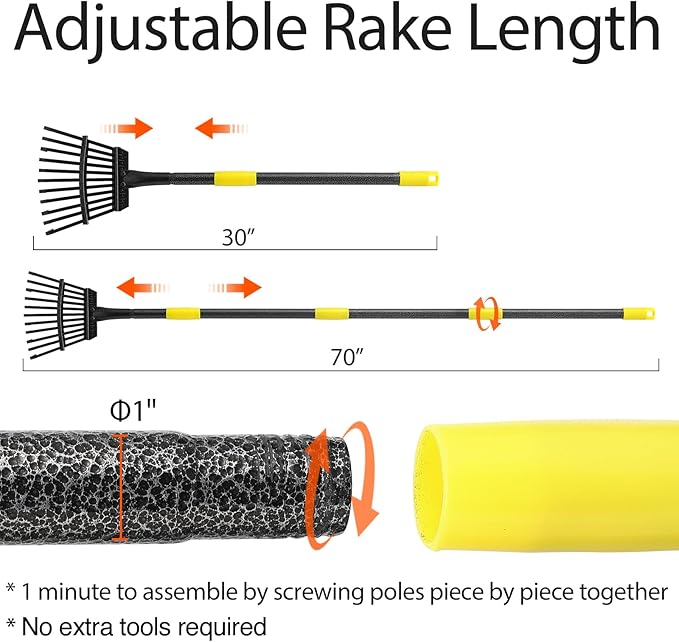 Leaf Rake, 11 Tines 9" Wide Metal Garden Rake for Leaves with 32 Gallon Leaf Bags and Scoops, Small Lawn Collapsible Yard Rakes for Camping Mulch Shrub Long Handle 30-70