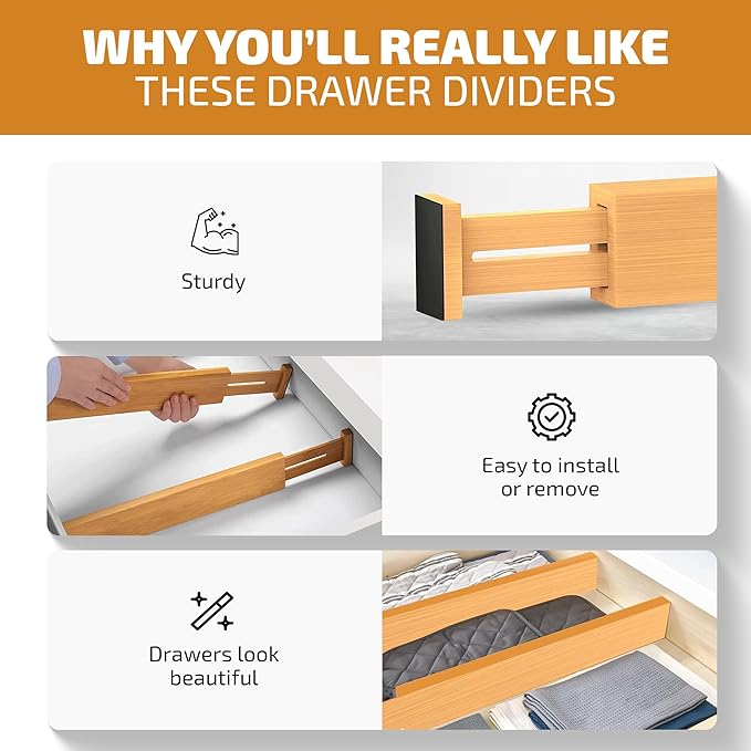 Bambüsi 4-Pack Bamboo Drawer Dividers - 2.6" High, 12.5"-17" Adjustable Drawer Organizers for Clothes, Expandable Dresser Separators in Bedroom/Bathroom/Kitchen/Office Organization and Storage