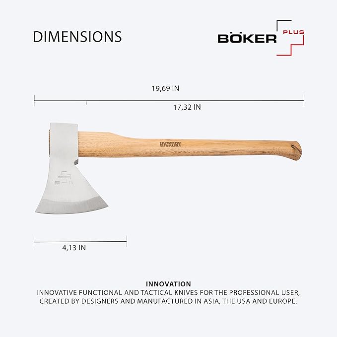 BOKER Plus® Appalachian Axe – Professional Bushcraft, Outdoor & Survival Axe – Large Carbon Steel Blade with Long Hickory Handle – Camping Hatchet with 600 g Rhineland-Style 1055 Carbon Steel Head