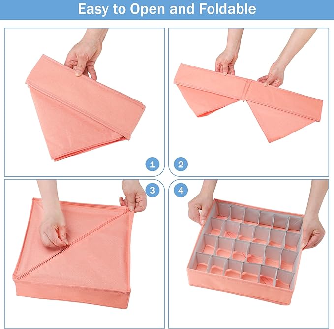 Foldable Storage Cubes Drawer Underwear Organizer Dividers， under Cabinet Organizer 24-Cell Fabric Storage Boxes for Lingerie,Socks,Ties （Orange）