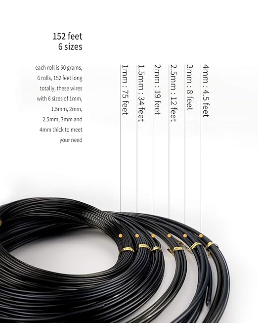 6Pcs Bonsai Wire, 6 Sizes of 1mm, 1.5mm, 2mm, 2.5mm, 3mm, 4mm Black Aluminum Wire, Total 152 Feet Bonsai Tool Kitfor Bonzai Trees Indoor