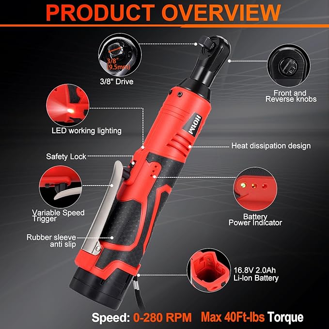 3/8" Cordless Electric Ratchet Wrench Set, 40 Ft-Lbs 16.8V Battery Power Ratchet Tool Kit with Variable Speed Trigger, 2 Packs 2.0Ah Battery, Charger, 7 Sockets