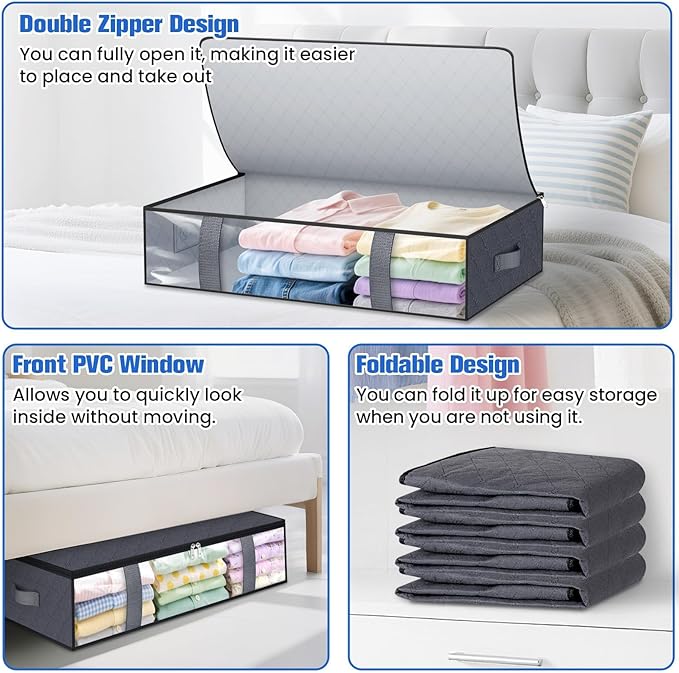 TasticTotes Under Bed Storage Containers, 8 Pack Blanket Storage Bags, Collapsible Storage Bags with Big Zippers, Clear Front, Shoe Storage and Organization for Clothes, Comforter, 60L, Grey