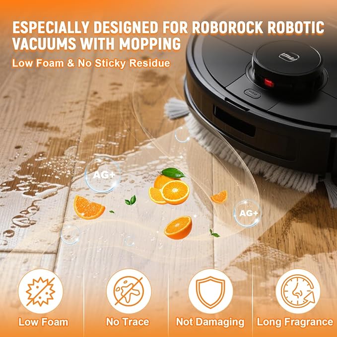 Floor Cleaning Solution Compatible With Roborock Robot Vacuum (Q5/Q7/Q8/Q10/S7/S8/Saros 10R/F25/Qrevo), Floor Cleaner for All Robot Vacuums & Cordless Wet Dry Vacuum with Mopping (Orange 2 Bottle)