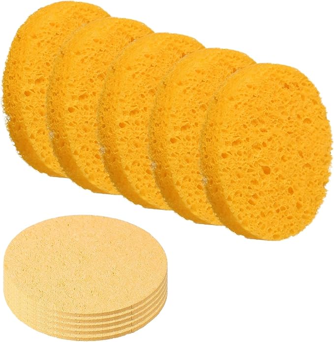 uxcell 10Pcs Cellulose Sponges, Round Kitchen Clean Sponges Non-Scratch Compressed Dish Scrubber for Kitchen Household Cookware Bathroom Cleaning & DIY, Beige