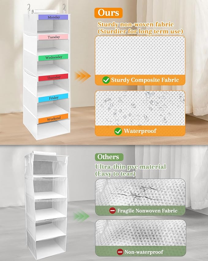 punemi Weekly Clothes Organizer for Kids, 6-Shelf Hanging Closet Storage with Side Pockets, Days of The Week Design, 11.8" x 11.8" x 37.8", Perfect for Organizing a Week's Worth of Kids' Clothing