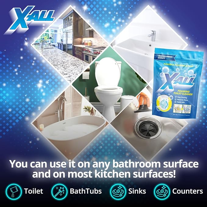 X-ALL Foaming Toilet Cleaner, Self-Activating Powder for Deep Cleaning, Fights Stains, Limescale and Mineral-Buildup