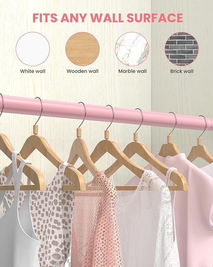 Supforce Closet Rods for Hanging Clothes, 17 to 69 Inches Stepless Adjustable Metal Closet Rod, 1.3 Inches Heavy Duty Clothes Hanging Rod for Closet Wardrobes Laundry RV, Pink