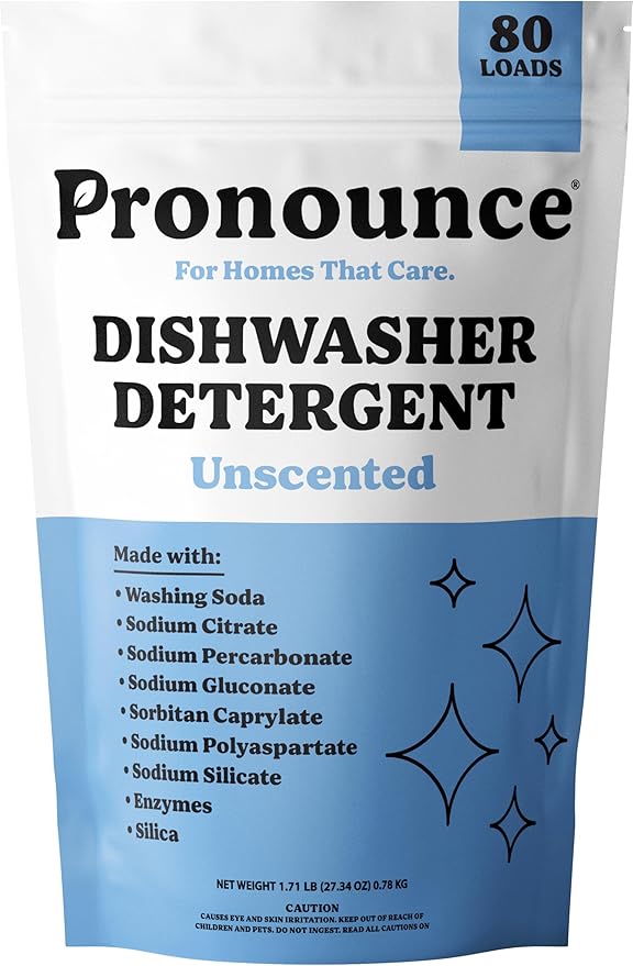 Pronounce Dishwasher Detergent Powder - Cleaner Ingredients, Fragrance Free - Ultra Concentrated, Cuts Grease and Grime, Dishwasher Pods Alternative (Residue-Free). (80 Loads, Unscented)