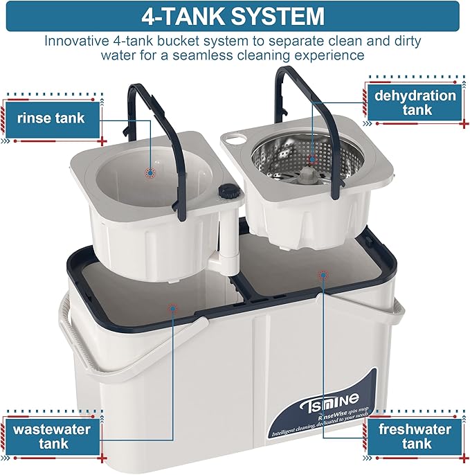 Gen 1 Large-Capacity Spin Mop and Bucket – for Big Homes & Deep Cleaning Days,4-Chamber System Separates Dirty & Clean Water, 2-GAL Heavy-Duty Design with Wheels & 6 Refill Mop Heads - White/Grey