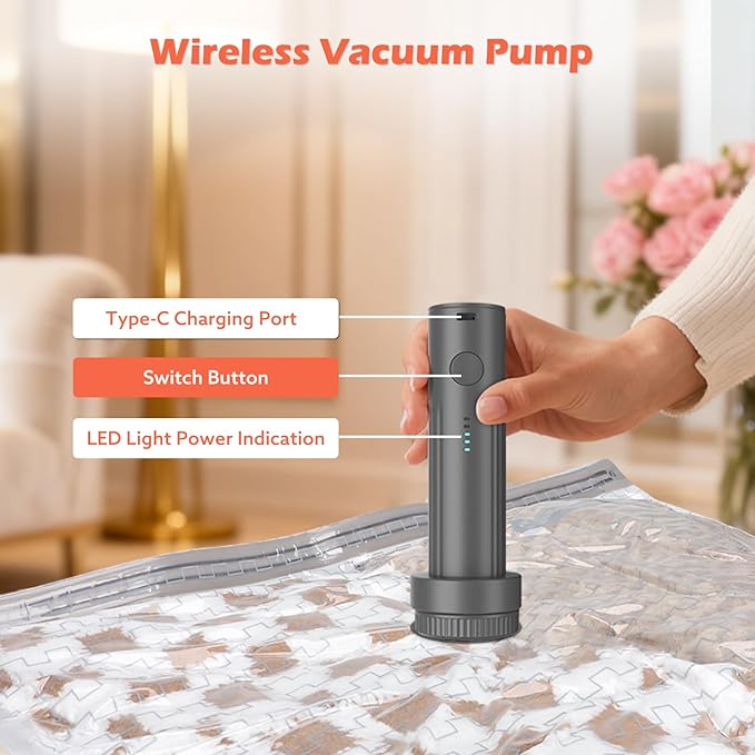 Travel Vacuum Bags with Wireless Charging Air Pump, 12 Pack Vacuum Seal Bags with 3 Sizes for Clothing Travel, Space Saver for Luggage, Business Trip, Home Storage,