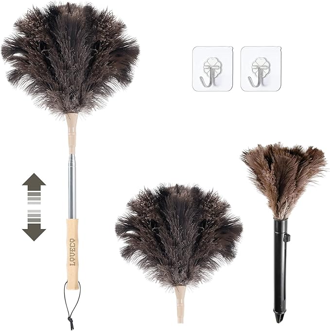 Ostrich Feather Dusters for Cleaning Kit - Reusable Soft Feather Duster Extendable to 49 inches for Cleaning Ceiling Fan, High Ceiling, Blinds & Retractable Small Duster for Keyboard, Car