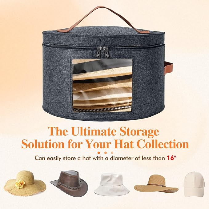 Kovpnor Round Hat Box, Stackable Felt Hat Boxes for Women Storage, Foldable Premium Hat Travel Case with Dustproof Lid, Space Saving Hat Organizer (Grey)