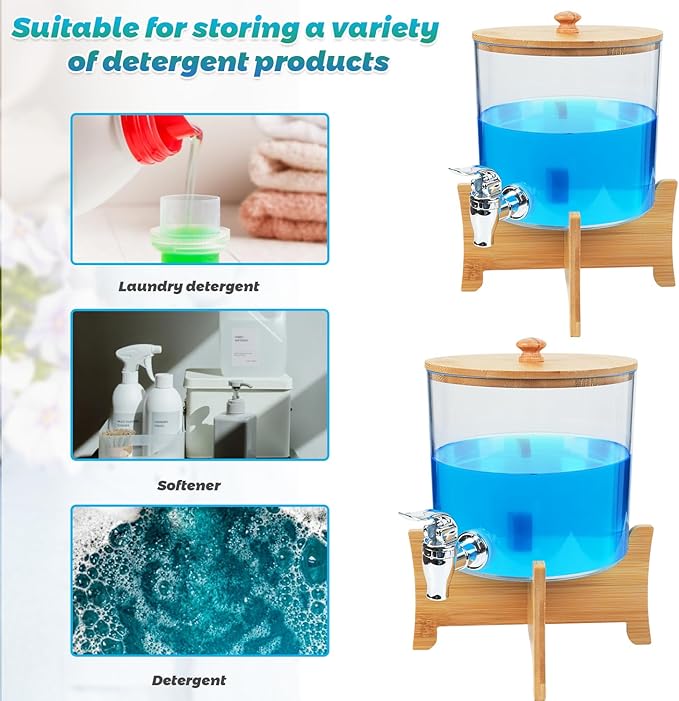 2*Laundry Detergent Dispenser with Shelf & Bamboo Lid - 158 Oz Liquid Detergent, Laundry Soap & Fabric Softener Dispenser for Laundry Room Organization and Storage with 2 Cups & 20 Labels
