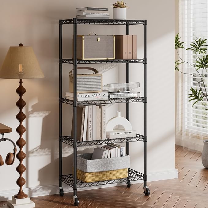 SINGAYE 5 Shelf Storage Wire Shelves Closet Bathroom Organizers Metal Pantry Kitchen Garage Shelving Unit Laundry Room Organization Home Narrow Rack Net Basket with Wheels Black