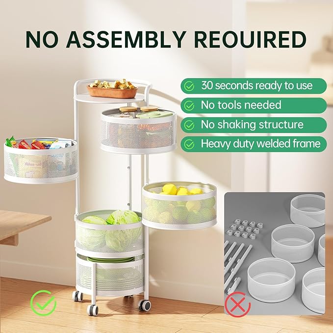 JAQ 5-Tier No Assembly White Rotating Storage Rack, Large Capacity Utility Cart for Kitchen Bathroom Nursery, Heavy Duty Fruit Vegetable Stand, White