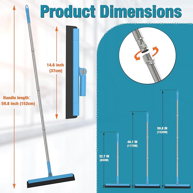 KOLLIEE Floor Squeegee Adjustable 59'' Long Handle Professional Floor Squeegee with Hook Water Squeegee Foam Blade for Concrete Floor Tile Pet Hair Floor Wiper