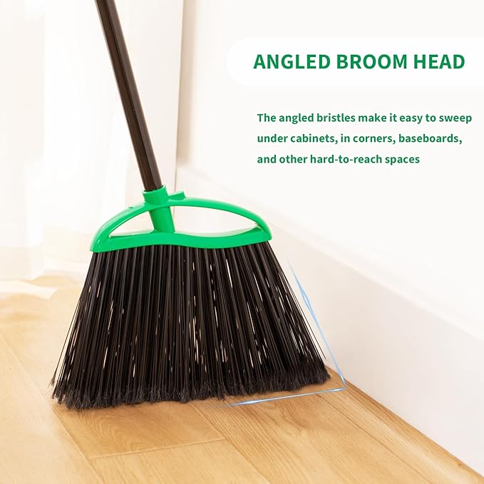 2 Pack Heavy Duty Brooms, 55" Long Handle Indoor Outdoor Angle Broom Set, Household Commercial Floor Cleaning, for Sweeping Home, Kitchen, Deck, Garage, Patio - Green