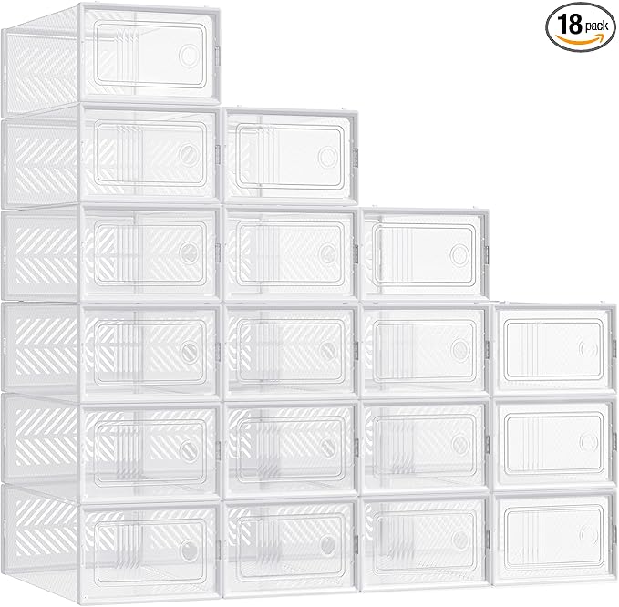 SONGMICS Stackable Shoe Boxes, Foldable Shoe Storage Organizers, Ventilated, for Max. Men's Shoes US Size 9 or Women's Shoes US Size 11, Sneakers, Set of 18, Transparent and White ULSP106W18V2
